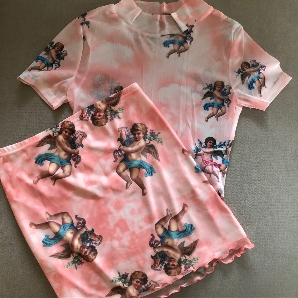 Pink Y2K Angel Baby Top and Skirt Set